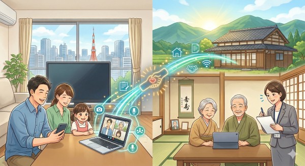 実家と家族がオンラインでつながっているイメージ画像
