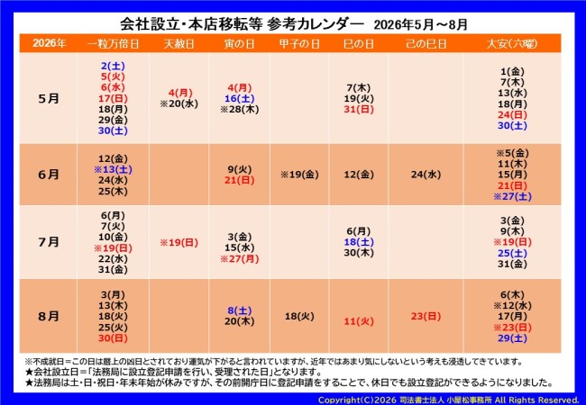 2026年5-8月カレンダー(横書)